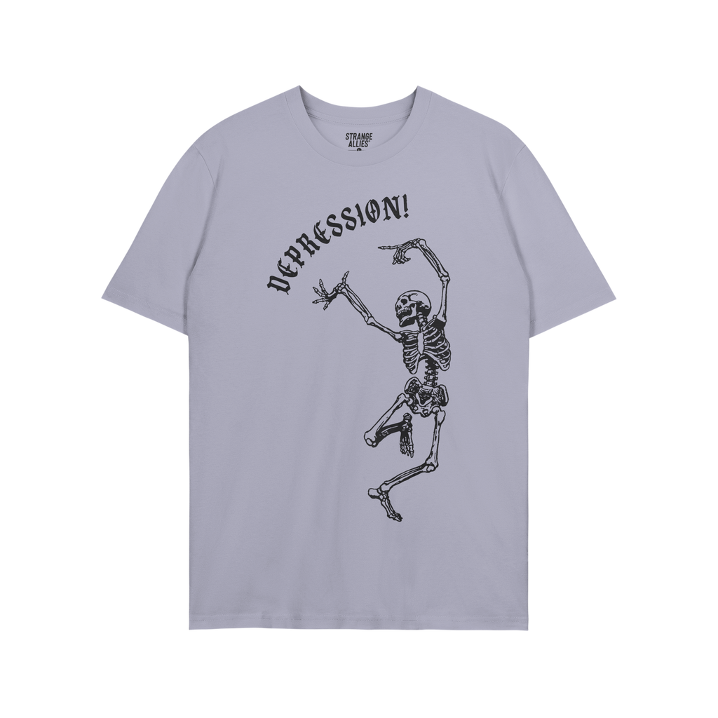 Depression T-shirt showing a dancing skeleton beneath DEPRESSION! in gothic font, captures the humor and chaos of existential