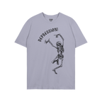 Depression T-shirt showing a dancing skeleton beneath DEPRESSION! in gothic font, captures the humor and chaos of existential