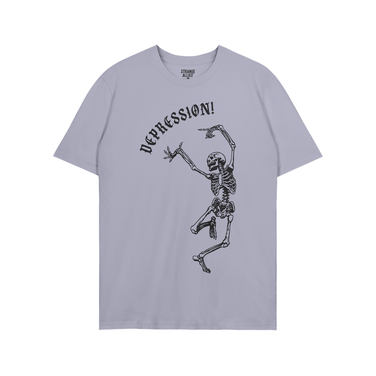 Depression T-shirt showing a dancing skeleton beneath DEPRESSION! in gothic font, captures the humor and chaos of existential