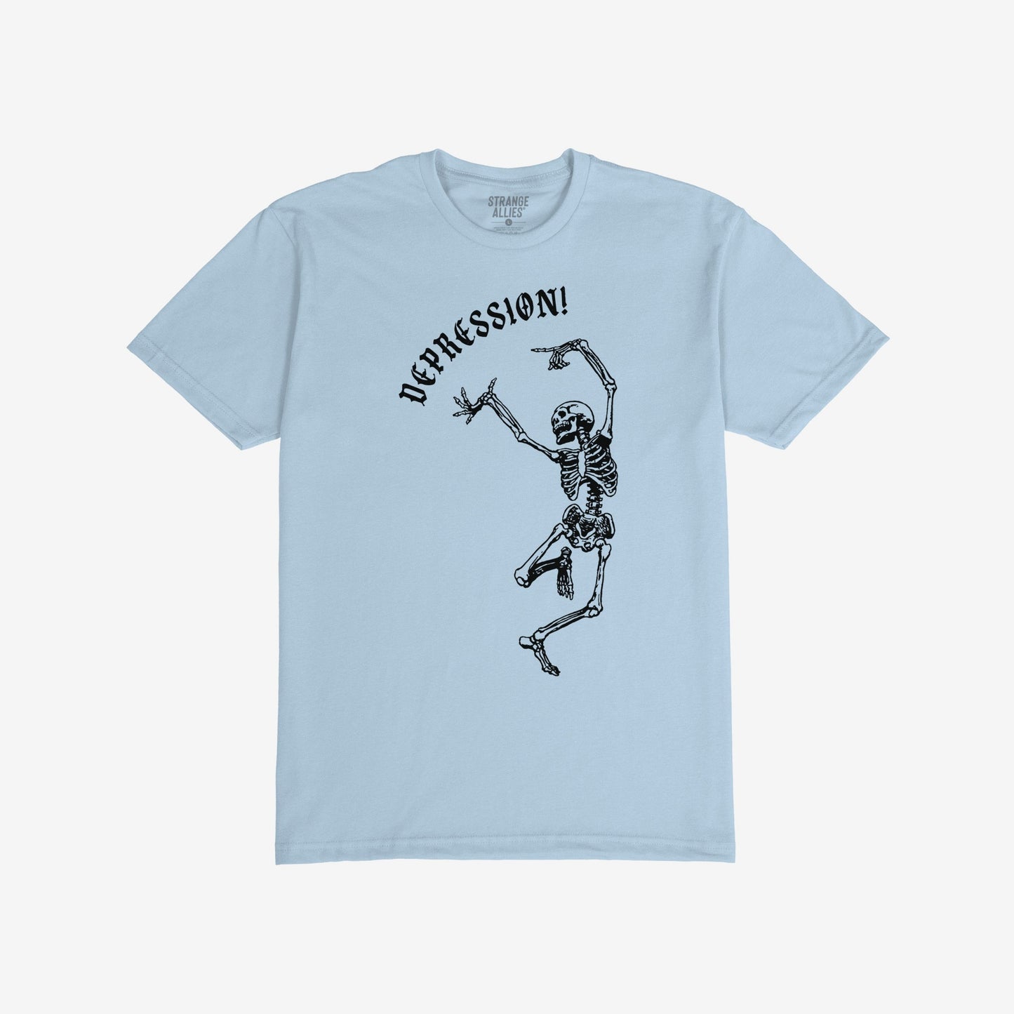 Depression T-shirt features a dancing skeleton under the word DEPRESSION! in gothic font, capturing chaos and existential dread. Ideal for those who embrace life's unpredictability with humor and resilience.