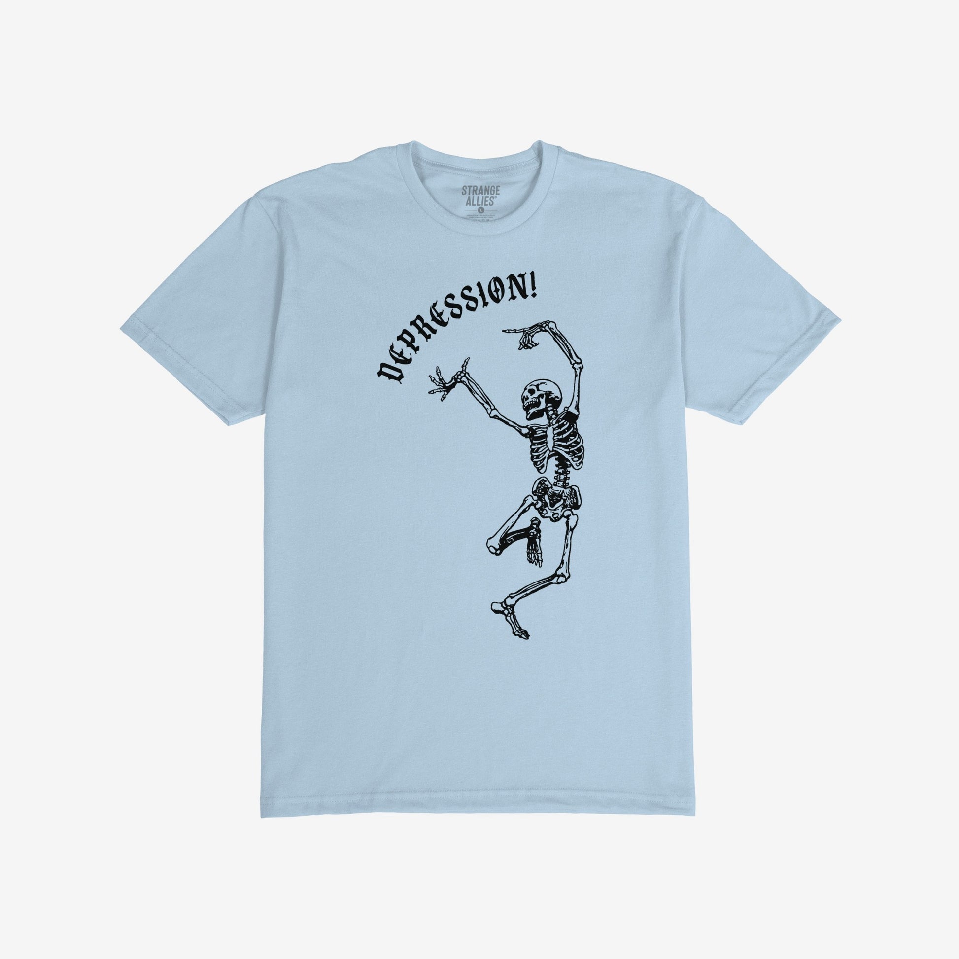 Depression T-shirt features a dancing skeleton under the word DEPRESSION! in gothic font, capturing chaos and existential dread. Ideal for those who embrace life's unpredictability with humor and resilience.