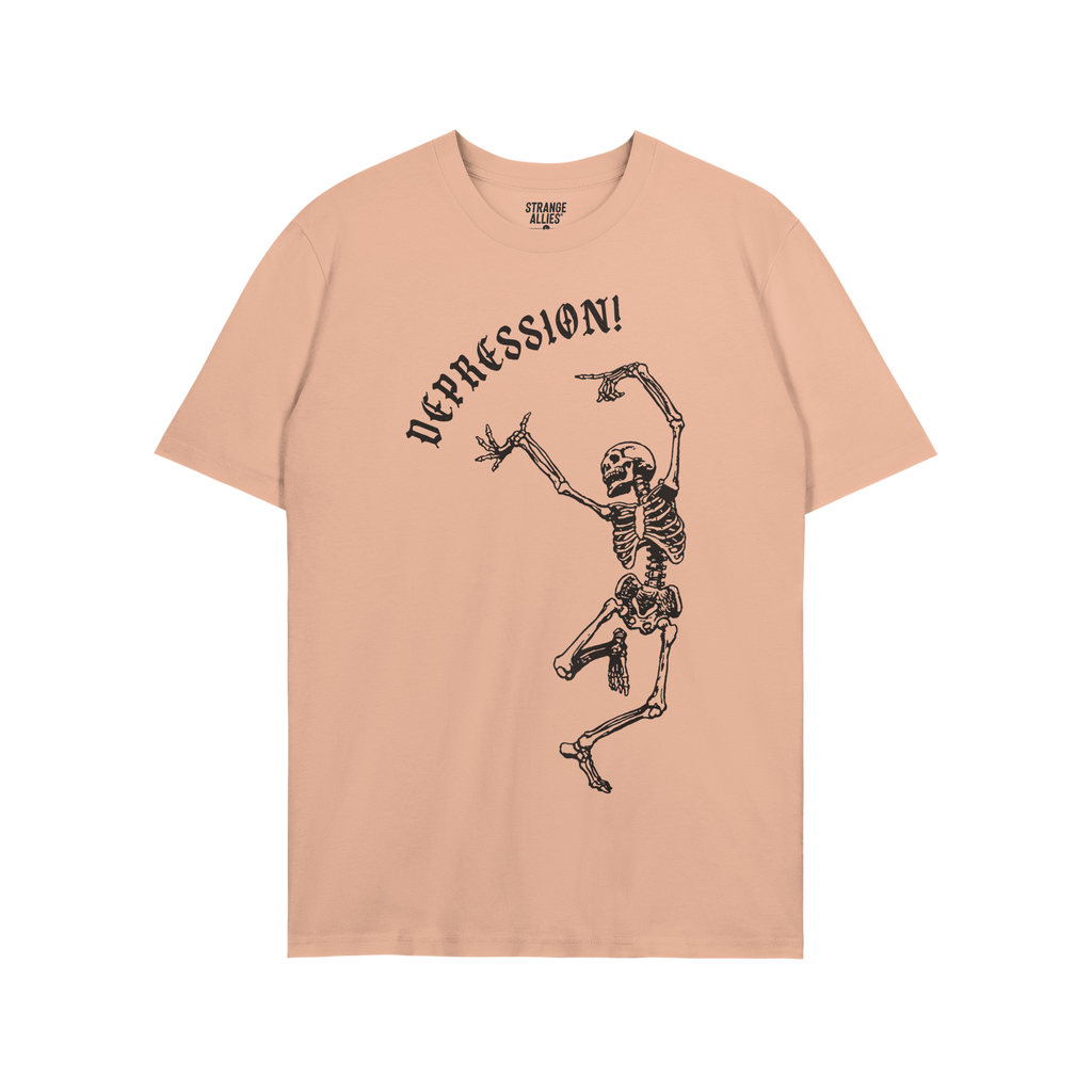 Depression T-shirt features a dancing skeleton under the word DEPRESSION! in gothic font, capturing chaos and existential dre