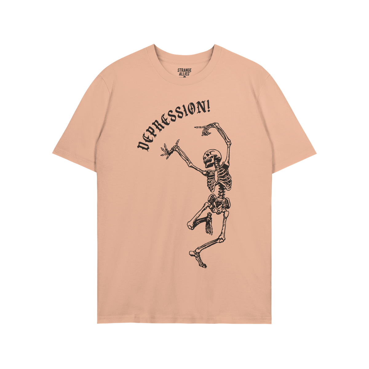 Depression T-shirt features a dancing skeleton under the word DEPRESSION! in gothic font, capturing chaos and existential dre