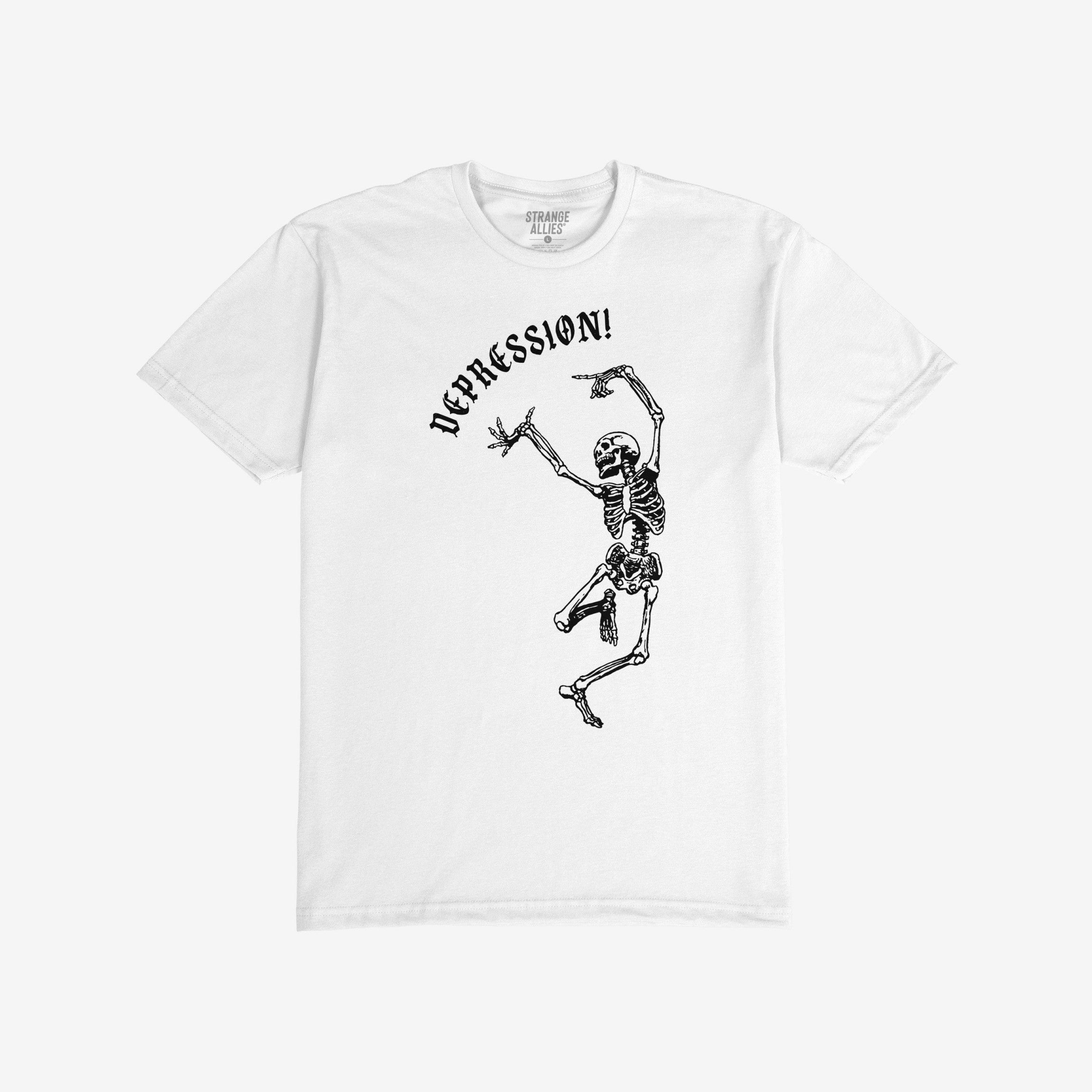Depression T-shirt featuring a black line drawing of a dancing skeleton under DEPRESSION! in gothic font. Labeled STRANGE ALLIES inside the collar, it captures chaotic resilience with humor and style.
