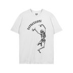 Depression T-shirt featuring a black line drawing of a dancing skeleton under DEPRESSION! in gothic font. Labeled STRANGE ALL