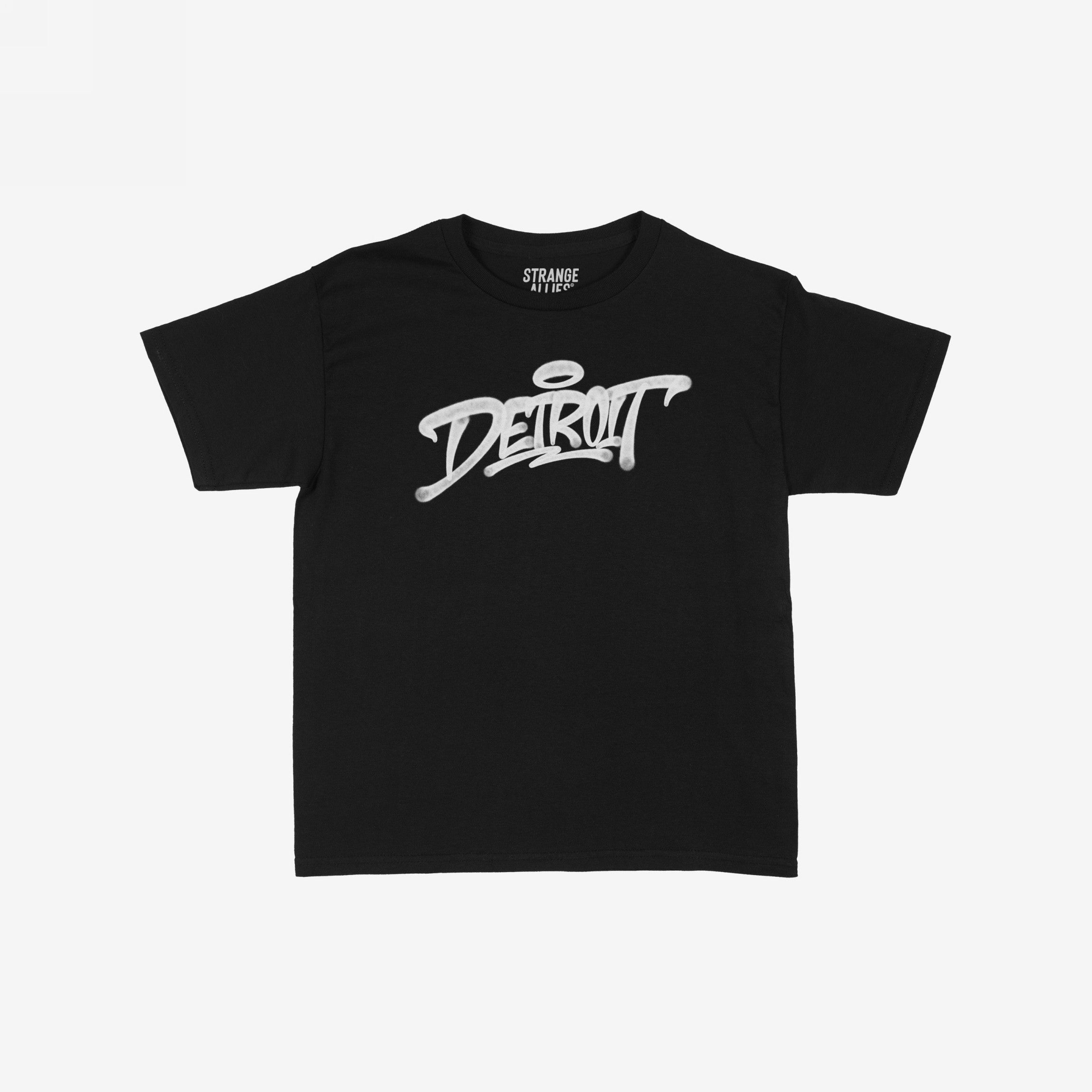 Detroit Handstyle Women's Baby Tee featuring bold white graffiti-style DETROIT script with a halo flourish, laid flat. Perfect for expressing Motor City's spirited energy with retro Y2K style.