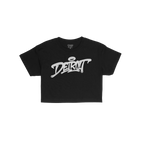 Detroit Handstyle Women's Baby Tee featuring bold white graffiti-style DETROIT script with a halo flourish, laid flat. Perfec