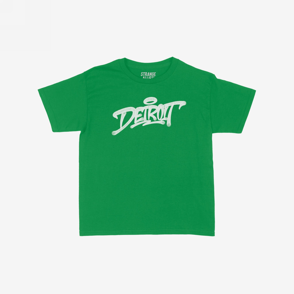 Detroit Handstyle Women's Baby Tee in bright green, featuring a bold white Detroit script with a halo graphic. Perfect for a fitted or baggy look, embodying vibrant Motor City energy.