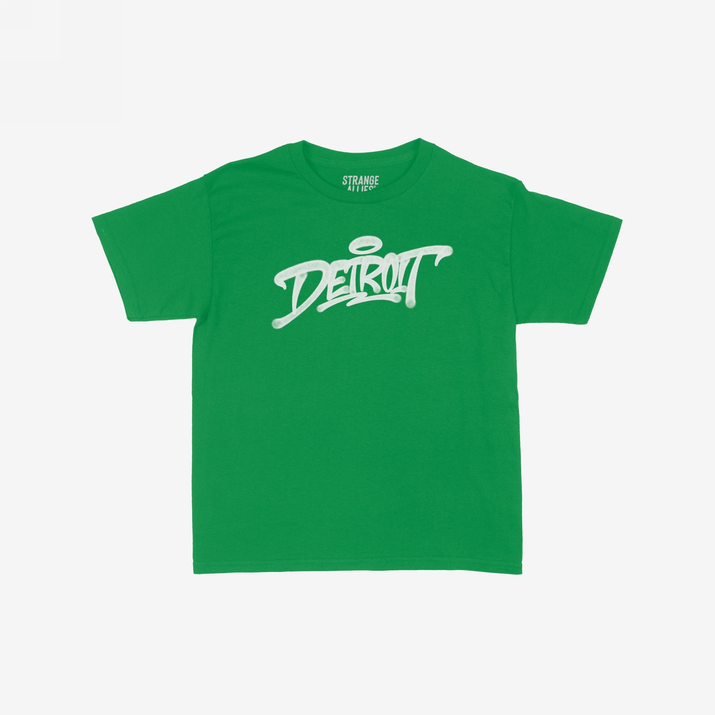 Detroit Handstyle Women's Baby Tee in bright green, featuring a bold white Detroit script with a halo graphic. Perfect for a fitted or baggy look, embodying vibrant Motor City energy.
