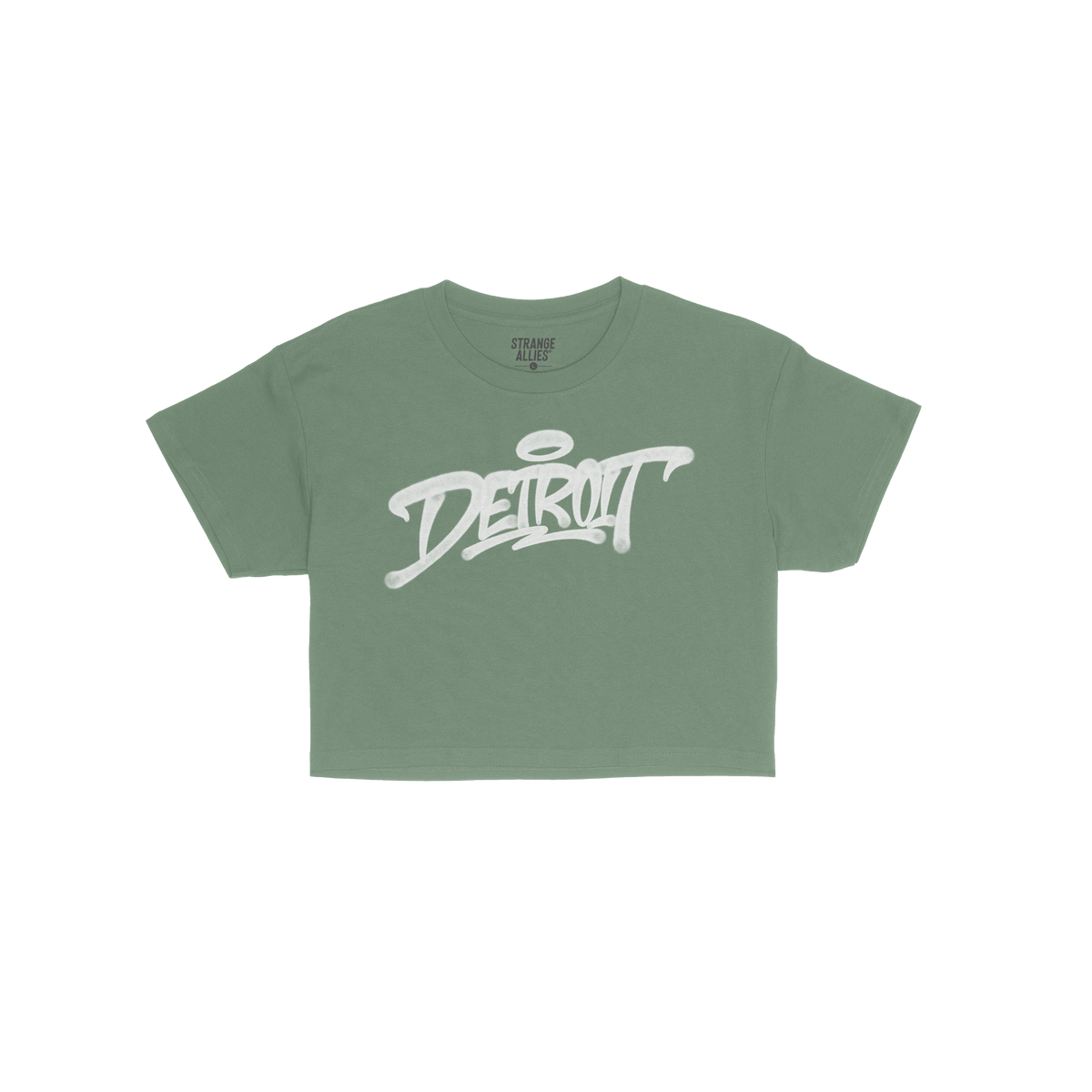 Detroit Handstyle Women's Baby Tee in bright green, featuring a bold white Detroit script with a halo graphic. Perfect for a 