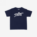 Detroit Handstyle Women's Baby Tee features a navy-blue crew-neck with DETROIT in white graffiti script and a halo accent, embodying urban flair and individuality.