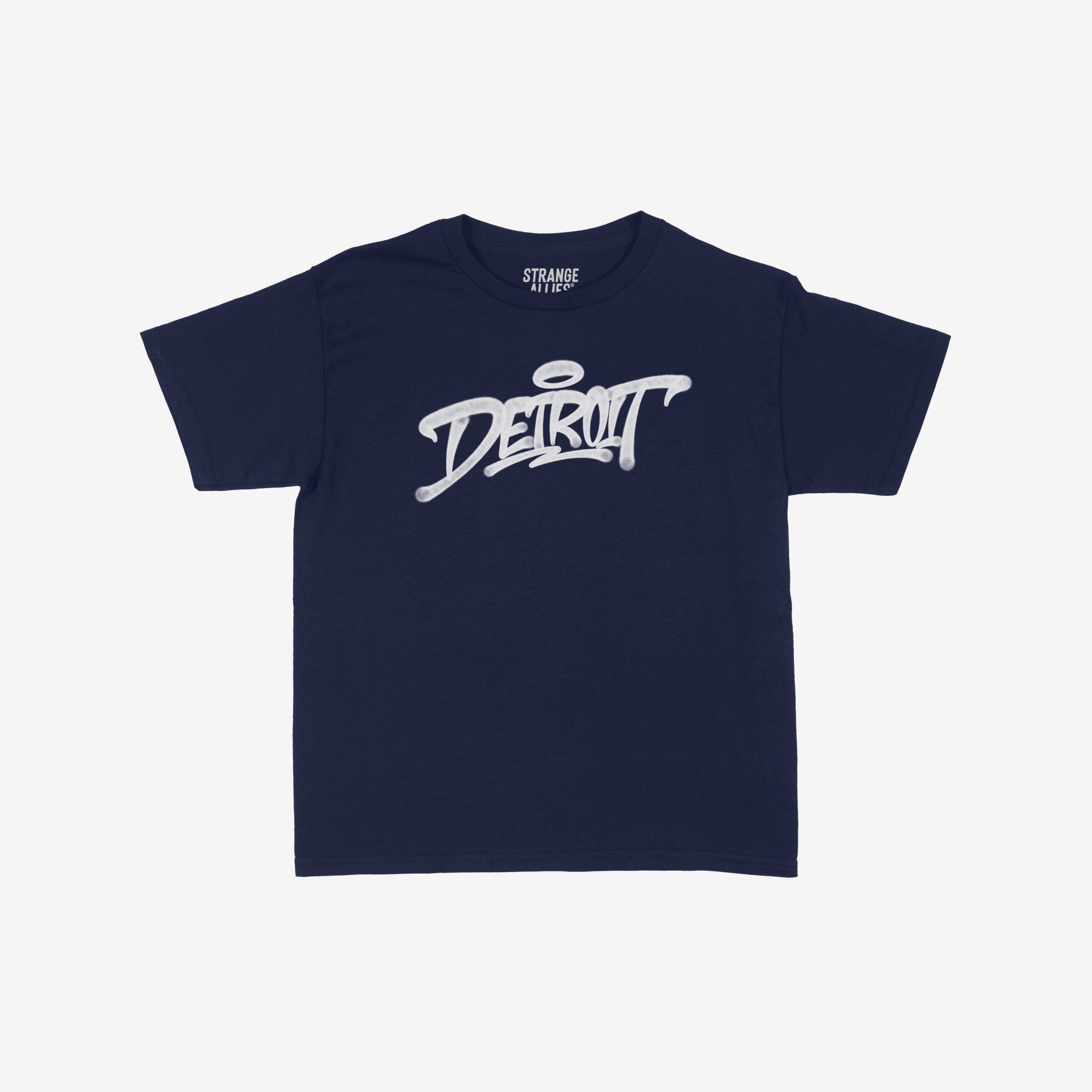 Detroit Handstyle Women's Baby Tee features a navy-blue crew-neck with DETROIT in white graffiti script and a halo accent, embodying urban flair and individuality.