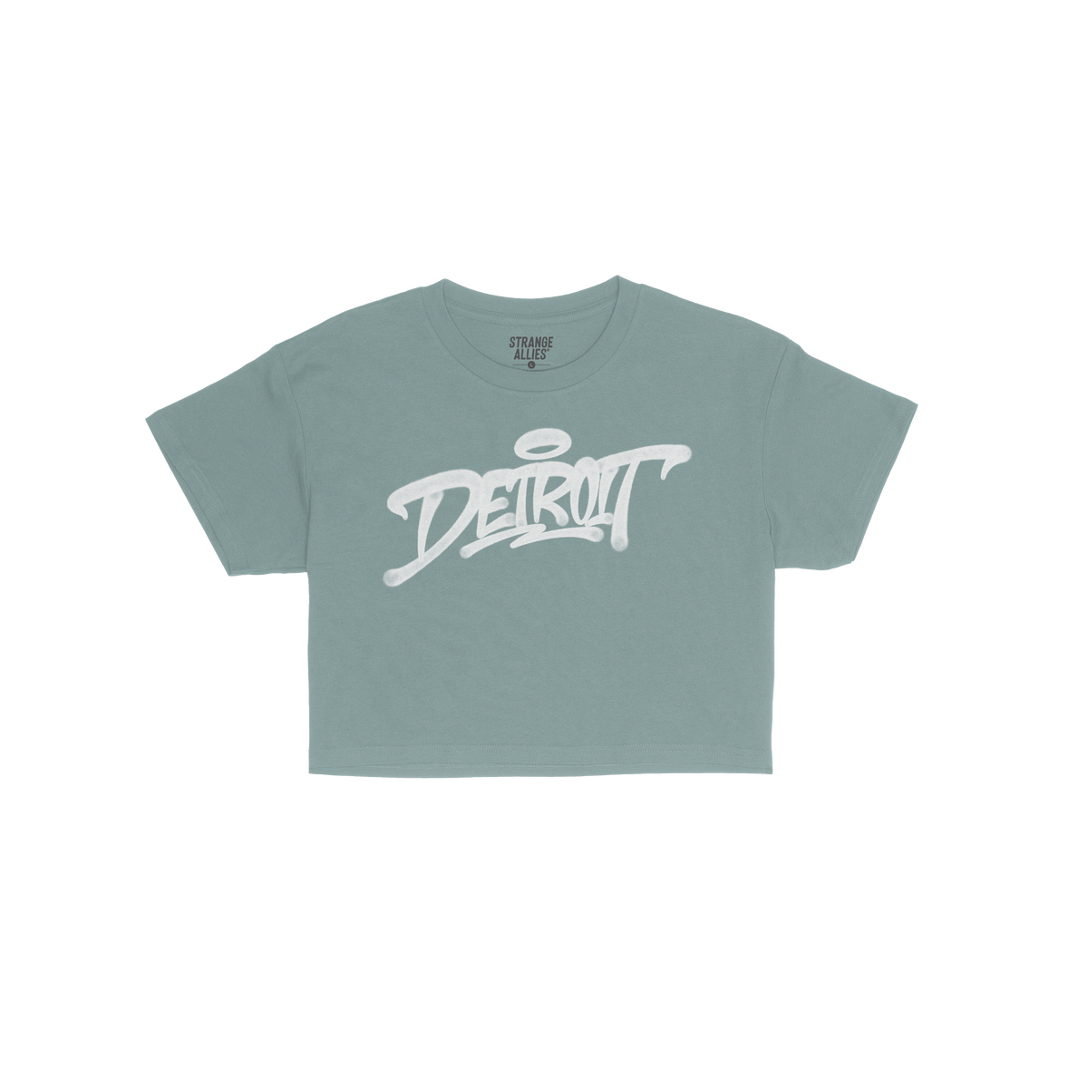 Detroit Handstyle Women's Baby Tee features a navy-blue crew-neck with DETROIT in white graffiti script and a halo accent, em