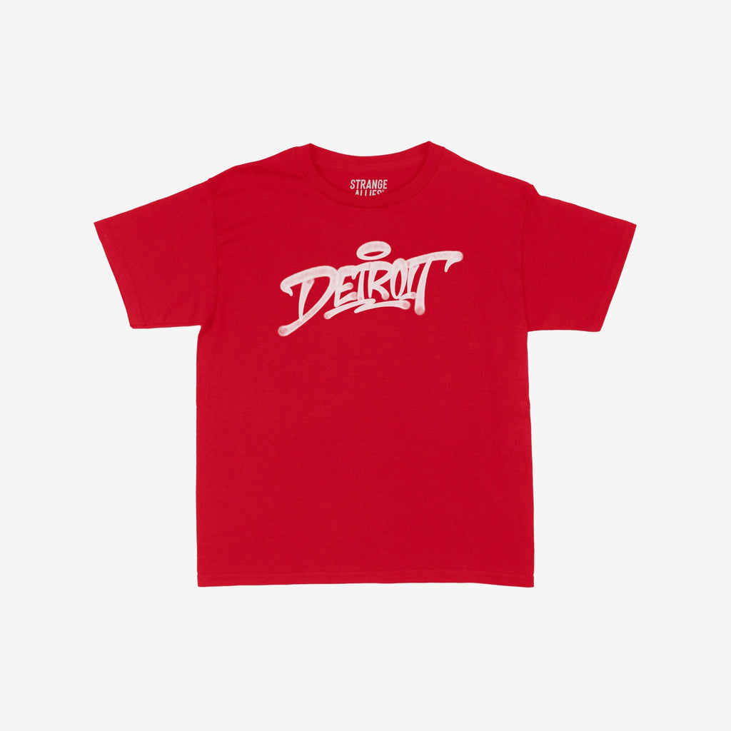Detroit Handstyle Women's Baby Tee features a red, short-sleeve crew-neck design with bold, white graffiti-style Detroit script across the chest, embodying Motor City energy and retro Y2K flair.