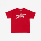 Detroit Handstyle Women's Baby Tee features a red, short-sleeve crew-neck design with bold, white graffiti-style Detroit script across the chest, embodying Motor City energy and retro Y2K flair.