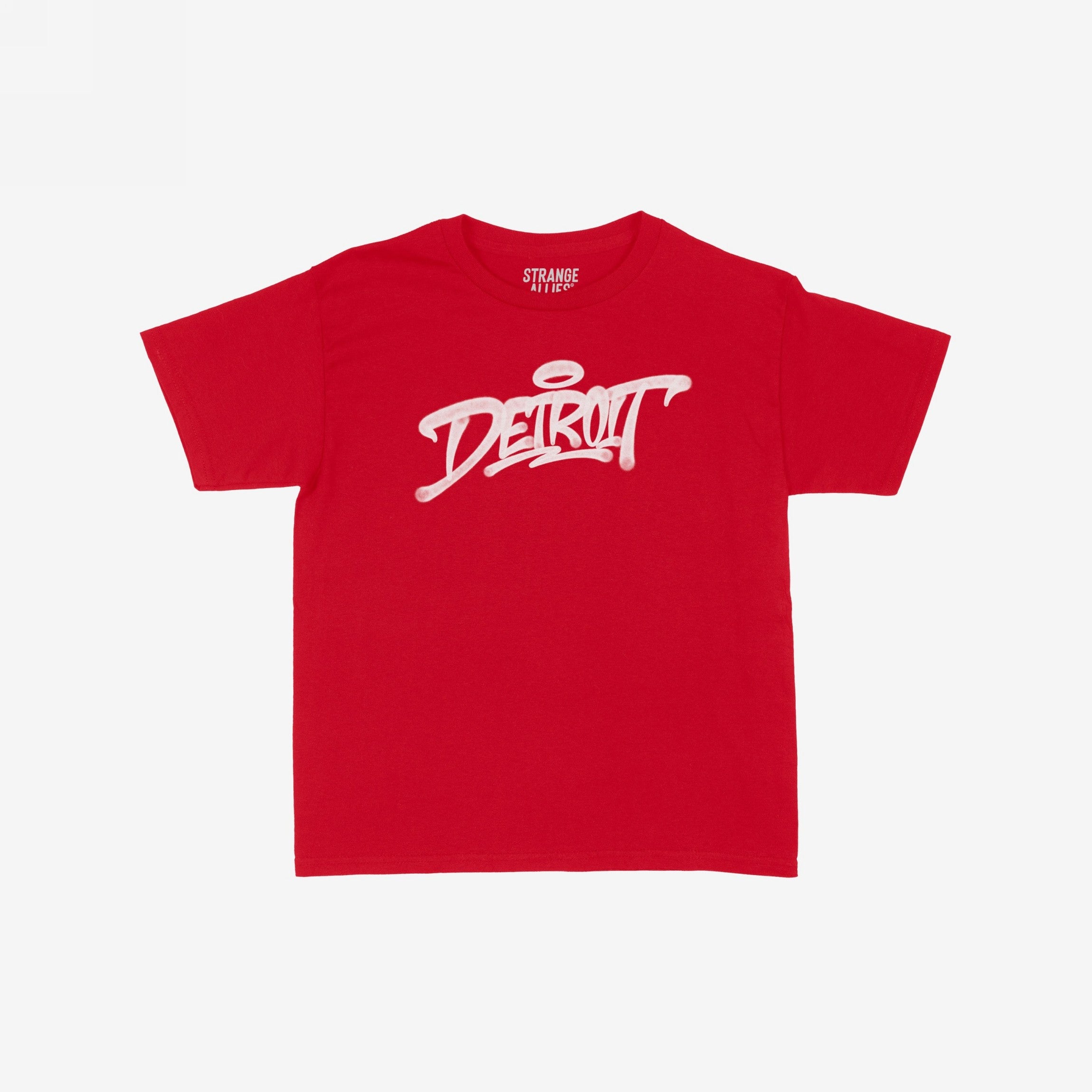 Detroit Handstyle Women's Baby Tee features a red, short-sleeve crew-neck design with bold, white graffiti-style Detroit script across the chest, embodying Motor City energy and retro Y2K flair.