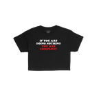 Don't Be Complicit Baby Tee features a bold slogan in white and red, emphasizing action against injustice. This black, retro-
