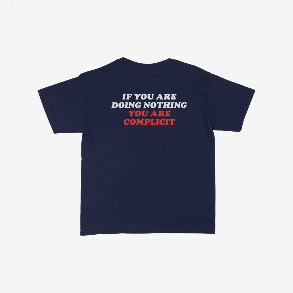 Don't Be Complicit Baby Tee in navy blue features a bold protest slogan on the back, combining retro style with a powerful message against complacency, ideal for expressing strong beliefs.