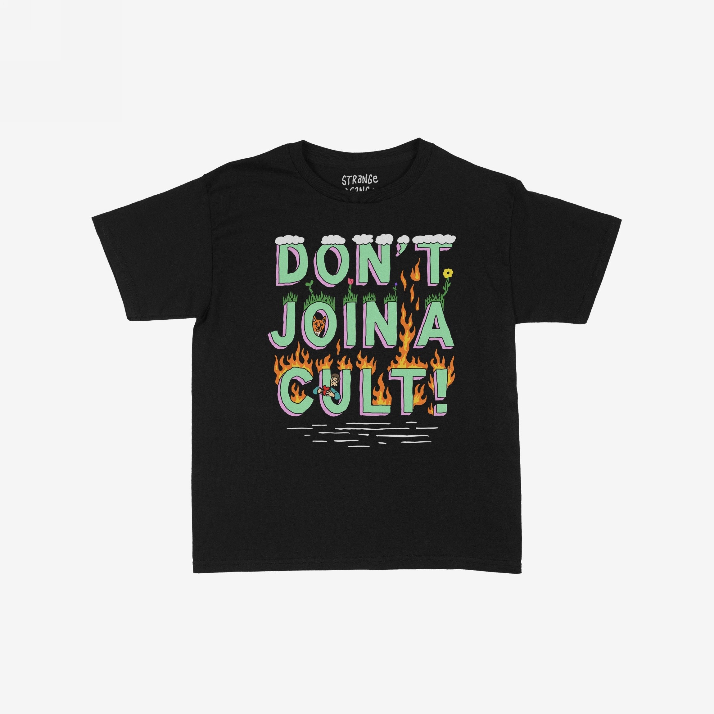 Don't Join A Cult Women's Baby Tee features bold, 3D-style lettering with grass, flowers, clouds above, and flames below, offering a playful yet powerful message against blind conformity and populism.