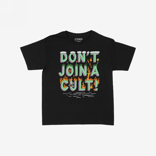 Don't Join A Cult Women's Baby Tee features bold, 3D-style lettering with grass, flowers, clouds above, and flames below, offering a playful yet powerful message against blind conformity and populism.