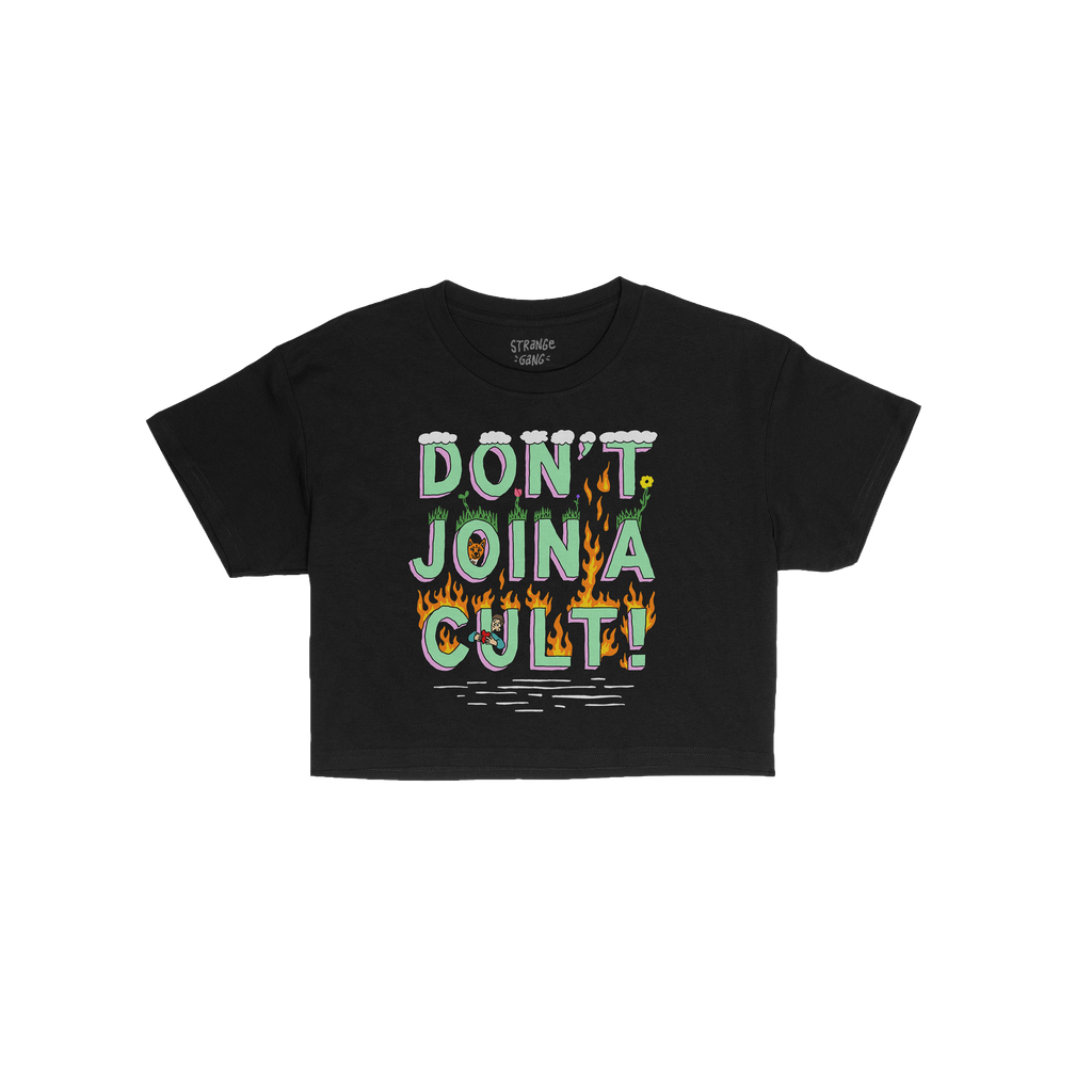 Don't Join A Cult Women's Baby Tee features bold, 3D-style lettering with grass, flowers, clouds above, and flames below, off
