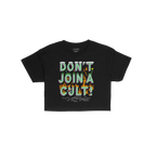 Don't Join A Cult Women's Baby Tee features bold, 3D-style lettering with grass, flowers, clouds above, and flames below, off