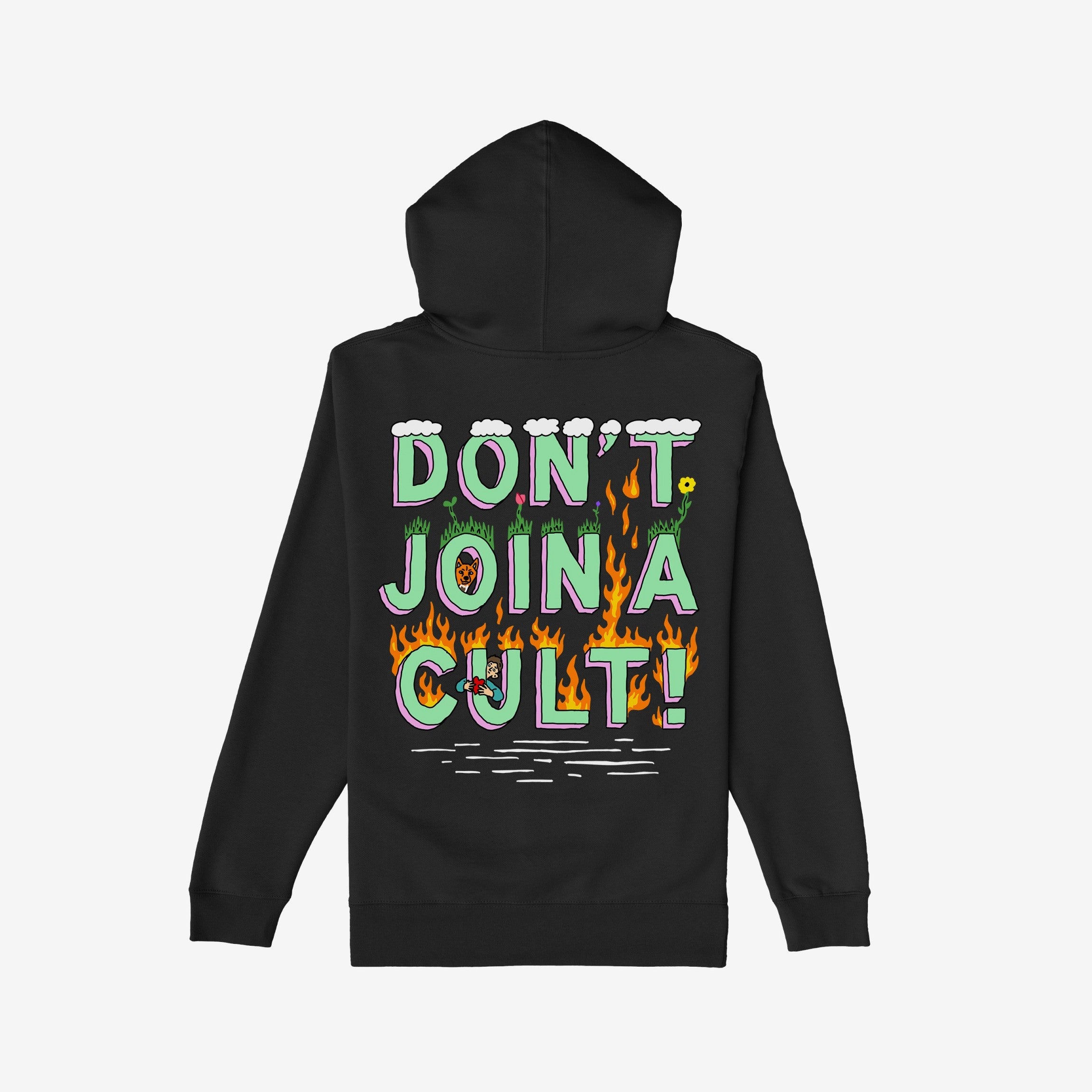 Don't Join A Cult Shirt: Black hooded sweatshirt featuring vibrant back-print with DON’T JOIN A CULT! in playful, illustrated letters, perfect for progressives advocating equality and supporting the ACLU.