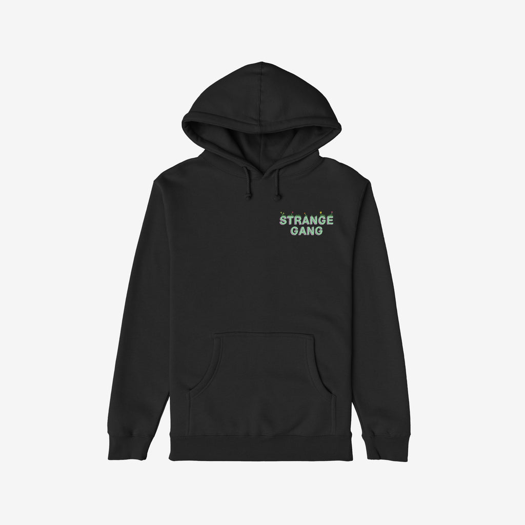 Black Don't Join A Cult pullover hoodie featuring STRANGE GANG on chest with string-light motifs, kangaroo pocket, and drawstring hood; embodies protest spirit and progressive values.