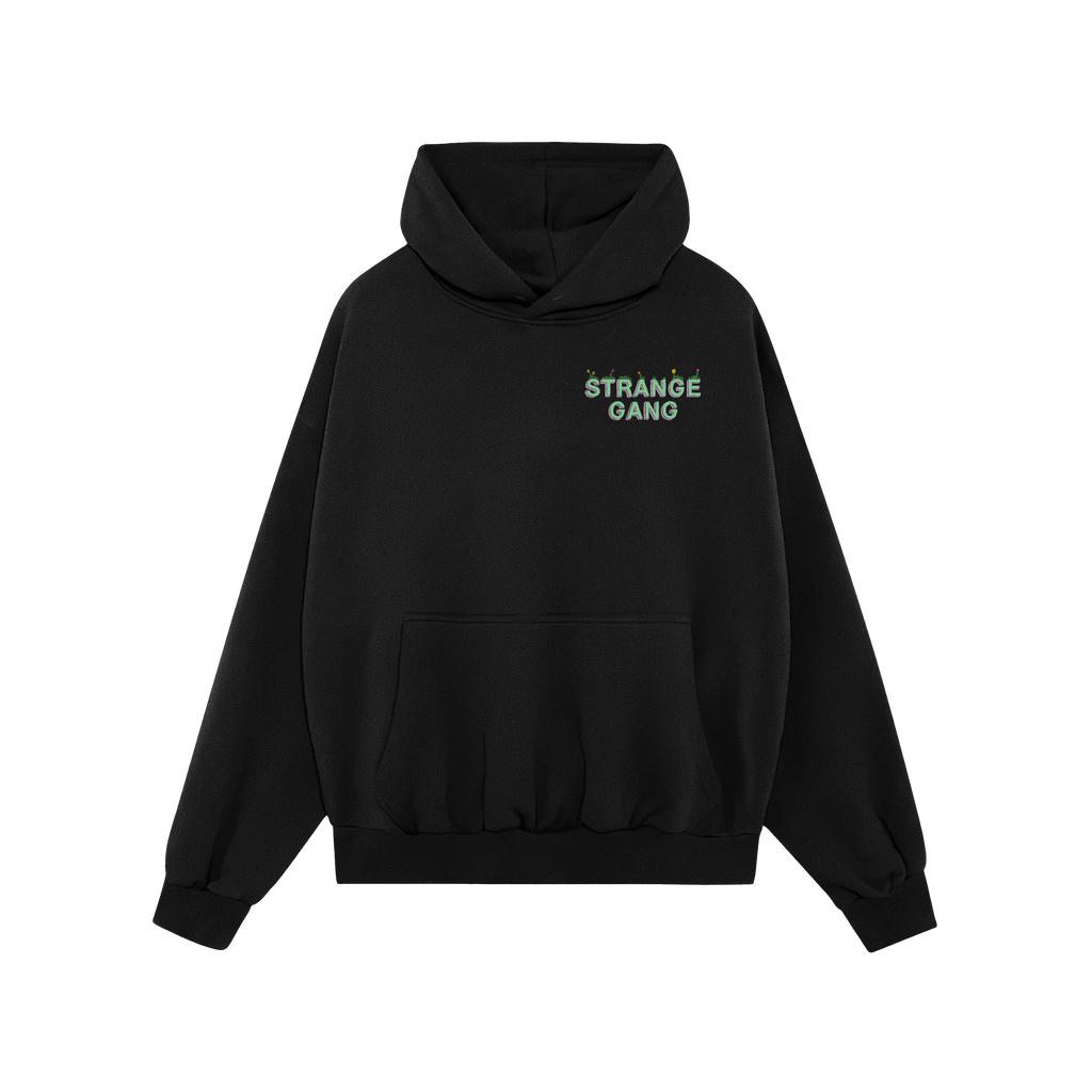Black Don't Join A Cult pullover hoodie featuring STRANGE GANG on chest with string-light motifs, kangaroo pocket, and drawst