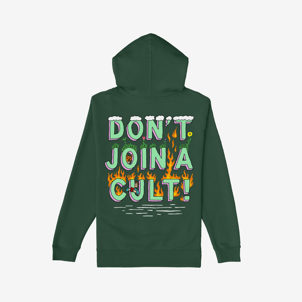 Dark-green hoodie featuring the Don't Join A Cult graphic with clouds, grass, fire, and cartoon elements, embodying a bold, progressive statement. Supports ACLU with every purchase.