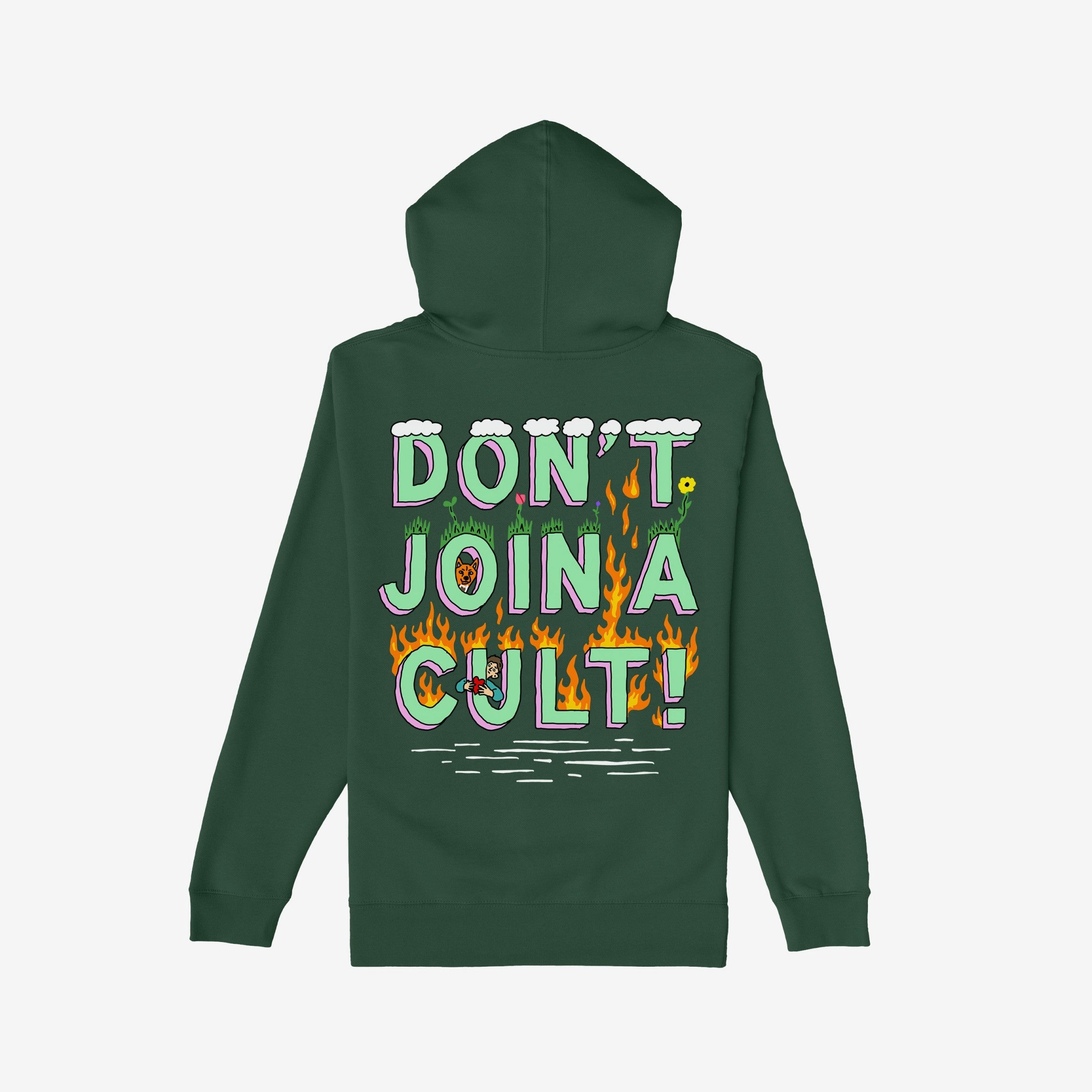 Dark-green hoodie featuring the Don't Join A Cult graphic with clouds, grass, fire, and cartoon elements, embodying a bold, progressive statement. Supports ACLU with every purchase.