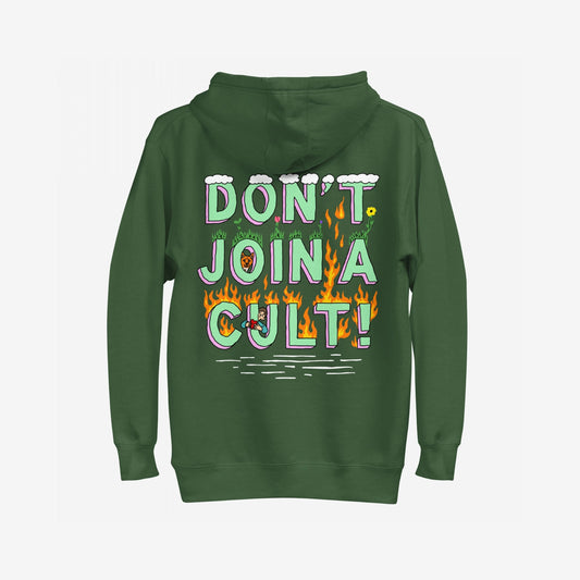 Don't Join A Cult Hoodie & Sweatshirt features a playful, hand-drawn slogan with clouds, grass, and flames, emphasizing critical thinking and rejecting groupthink. Perfect for making a bold statement.