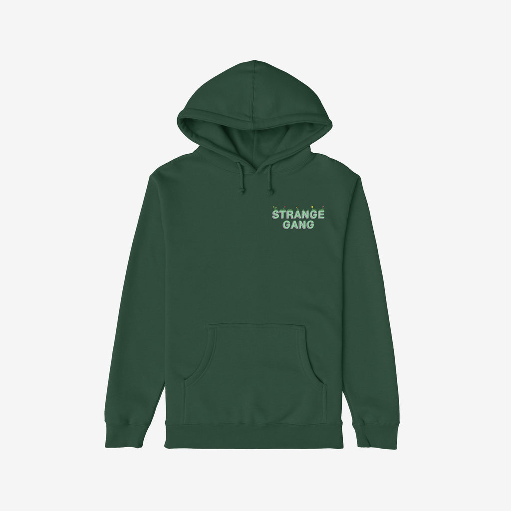 A dark forest-green pullover hoodie featuring Don’t Join A Cult Shirt on the chest with colorful sprout illustrations, adjustable hood, and a kangaroo pocket, embodying a progressive, protest-ready message.