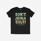 Don't Join A Cult Shirt featuring a vibrant slogan in bubble letters with grass, clouds, and flames on a black crew-neck, perfect for progressive activism. Supports the ACLU.