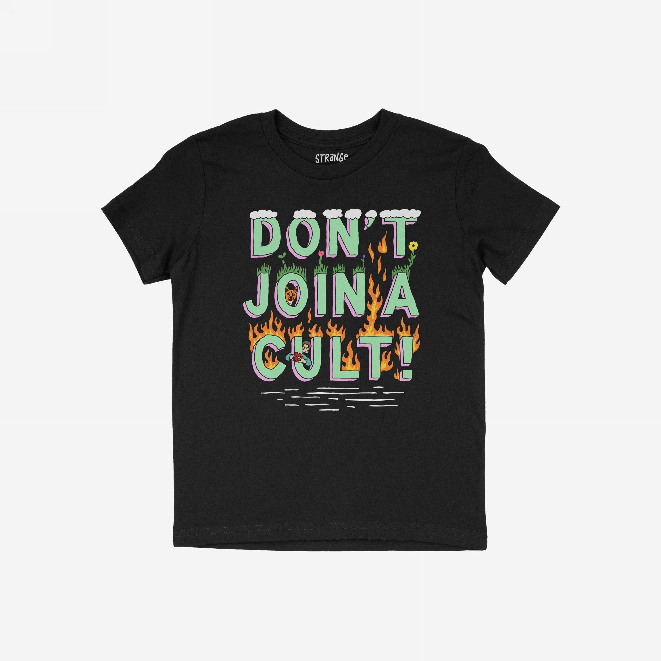 Don't Join A Cult Shirt featuring a vibrant slogan in bubble letters with grass, clouds, and flames on a black crew-neck, perfect for progressive activism. Supports the ACLU.