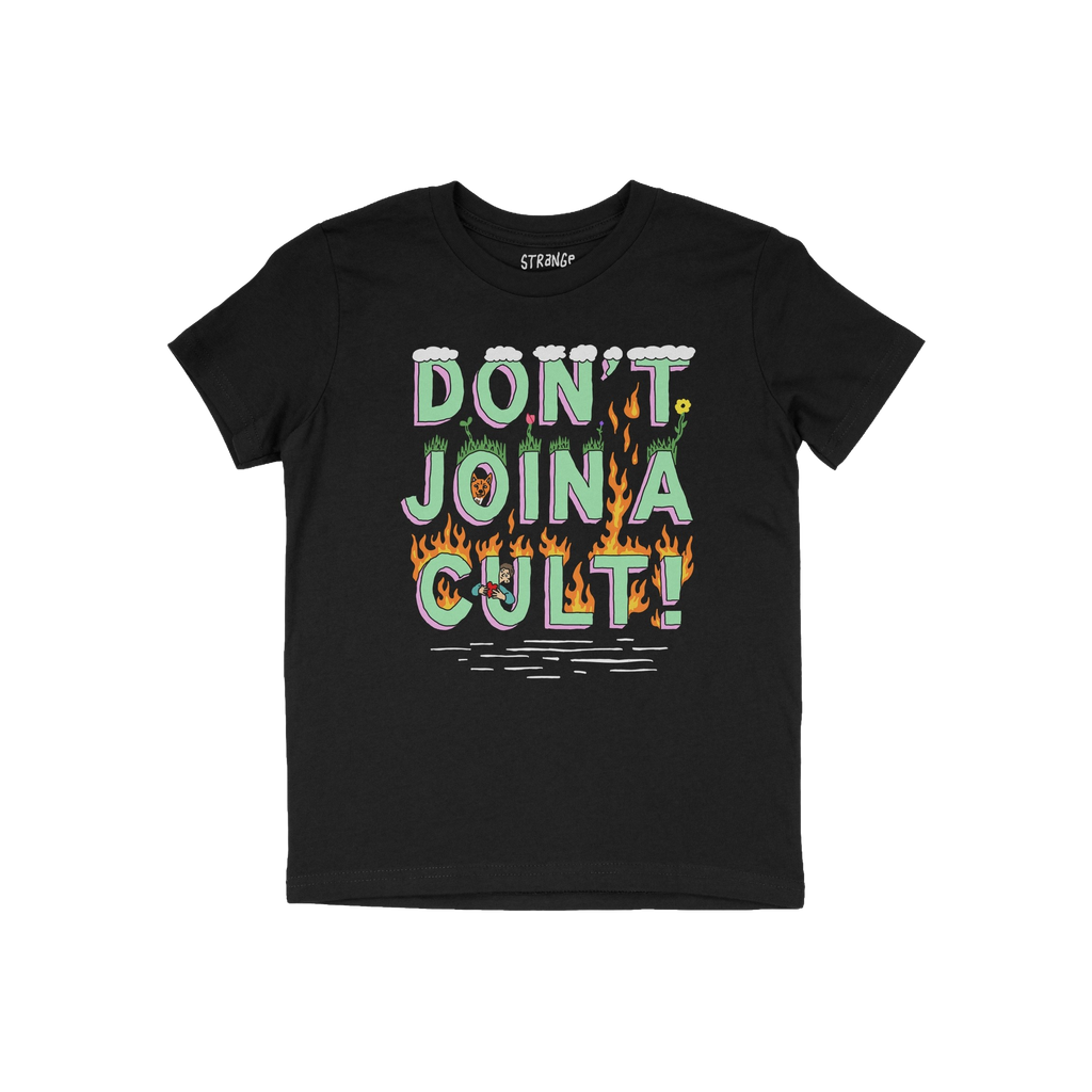 Don't Join A Cult Shirt featuring a vibrant slogan in bubble letters with grass, clouds, and flames on a black crew-neck, per