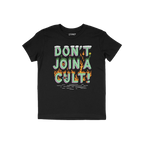 Don't Join A Cult Shirt featuring a vibrant slogan in bubble letters with grass, clouds, and flames on a black crew-neck, per