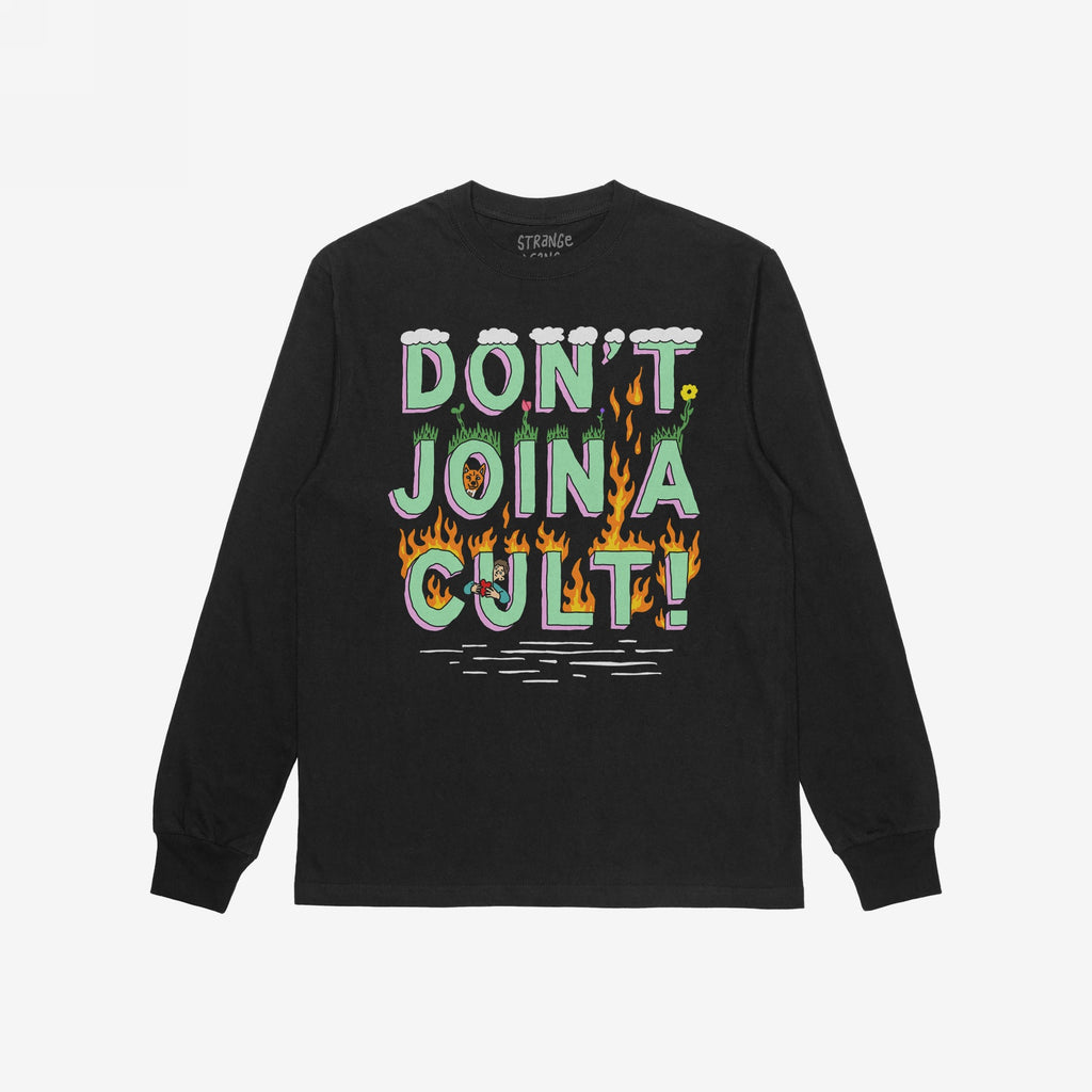 Don't Join A Cult Shirt featuring a bold, cartoon-style graphic with pastel-green letters, adorned with grass, clouds, and flames. Ideal for those who challenge norms and support equality.