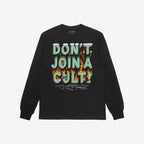 Don't Join A Cult Shirt featuring a bold, cartoon-style graphic with pastel-green letters, adorned with grass, clouds, and flames. Ideal for those who challenge norms and support equality.