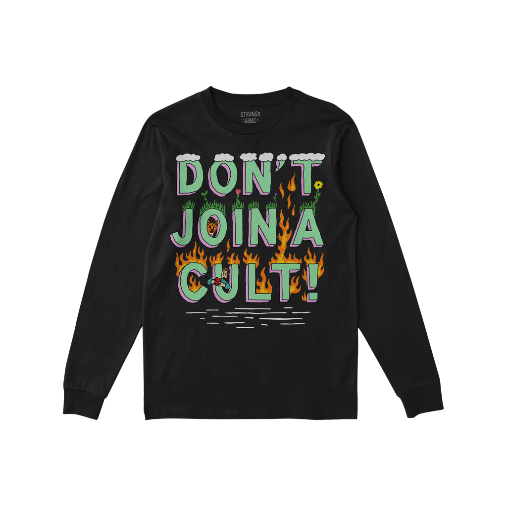 Don't Join A Cult Shirt featuring a bold, cartoon-style graphic with pastel-green letters, adorned with grass, clouds, and fl