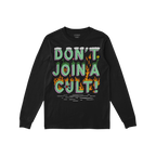 Don't Join A Cult Shirt featuring a bold, cartoon-style graphic with pastel-green letters, adorned with grass, clouds, and fl