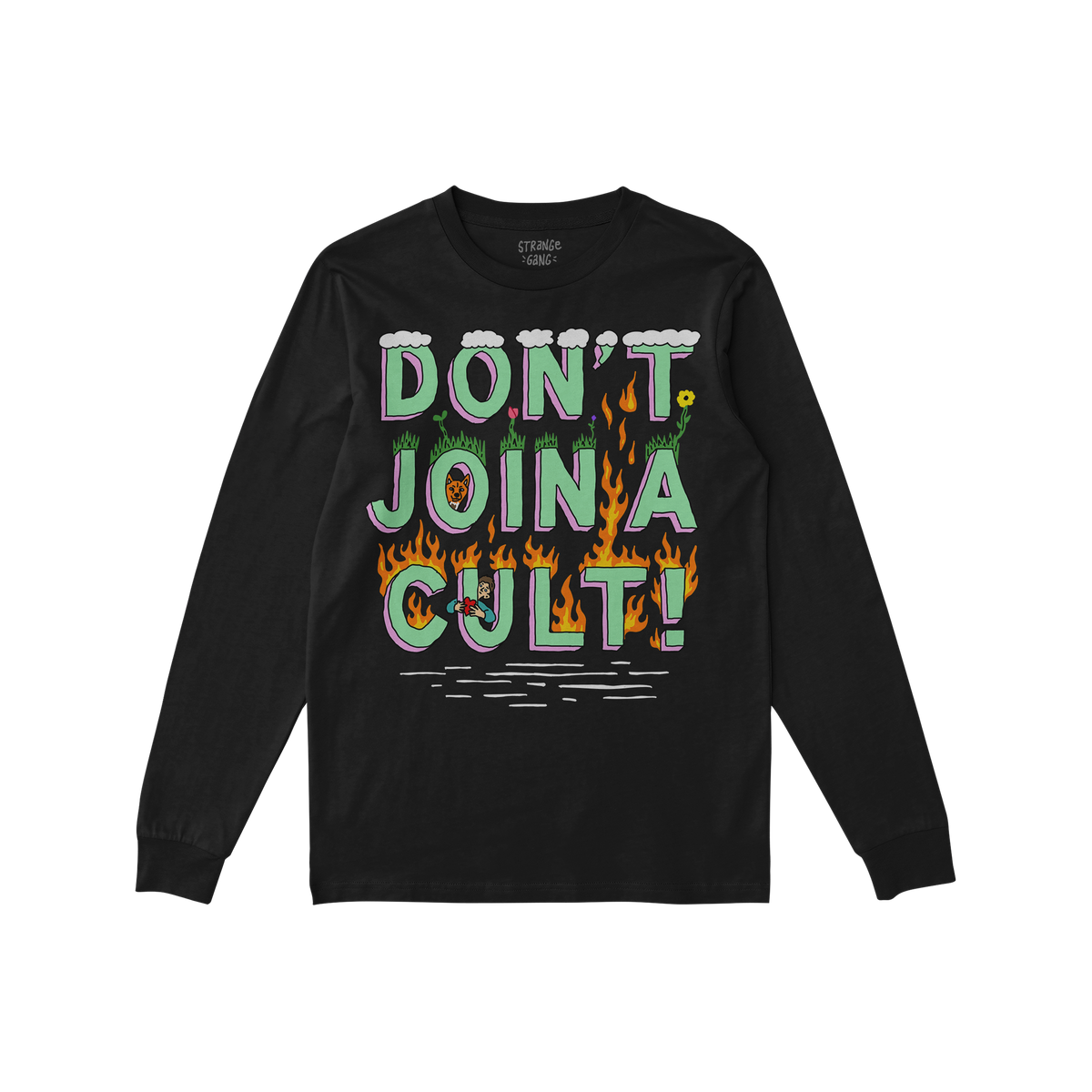 Don't Join A Cult Shirt featuring a bold, cartoon-style graphic with pastel-green letters, adorned with grass, clouds, and fl