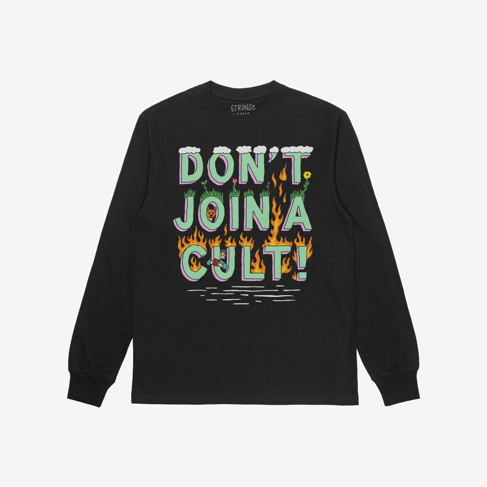 Don't Join A Cult T-shirt features a bold, hand-drawn graphic with flames, clouds, and detailed elements like a cartoon face, advocating against blind loyalty and promoting awareness through streetwear style.