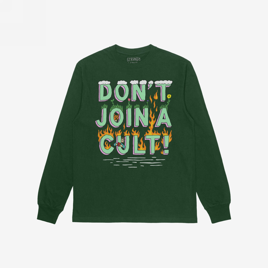 Forest-green Don't Join A Cult Shirt features a bold, cartoon-style slogan: “DON’T JOIN A CULT!” with cloud, grass, and fiery details, plus a cartoon character peeking from the U.