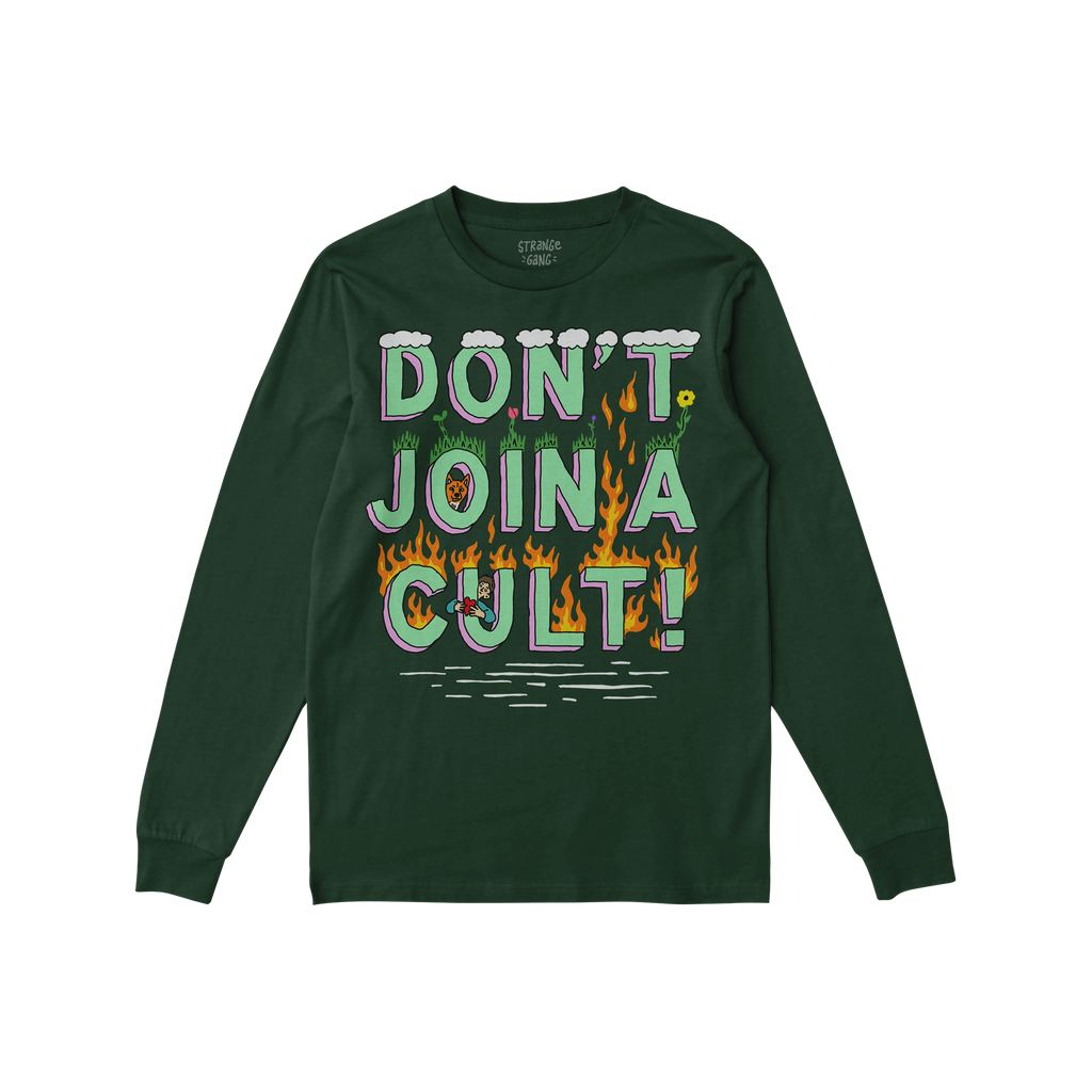 Forest-green Don't Join A Cult Shirt features a bold, cartoon-style slogan: “DON’T JOIN A CULT!” with cloud, grass, and