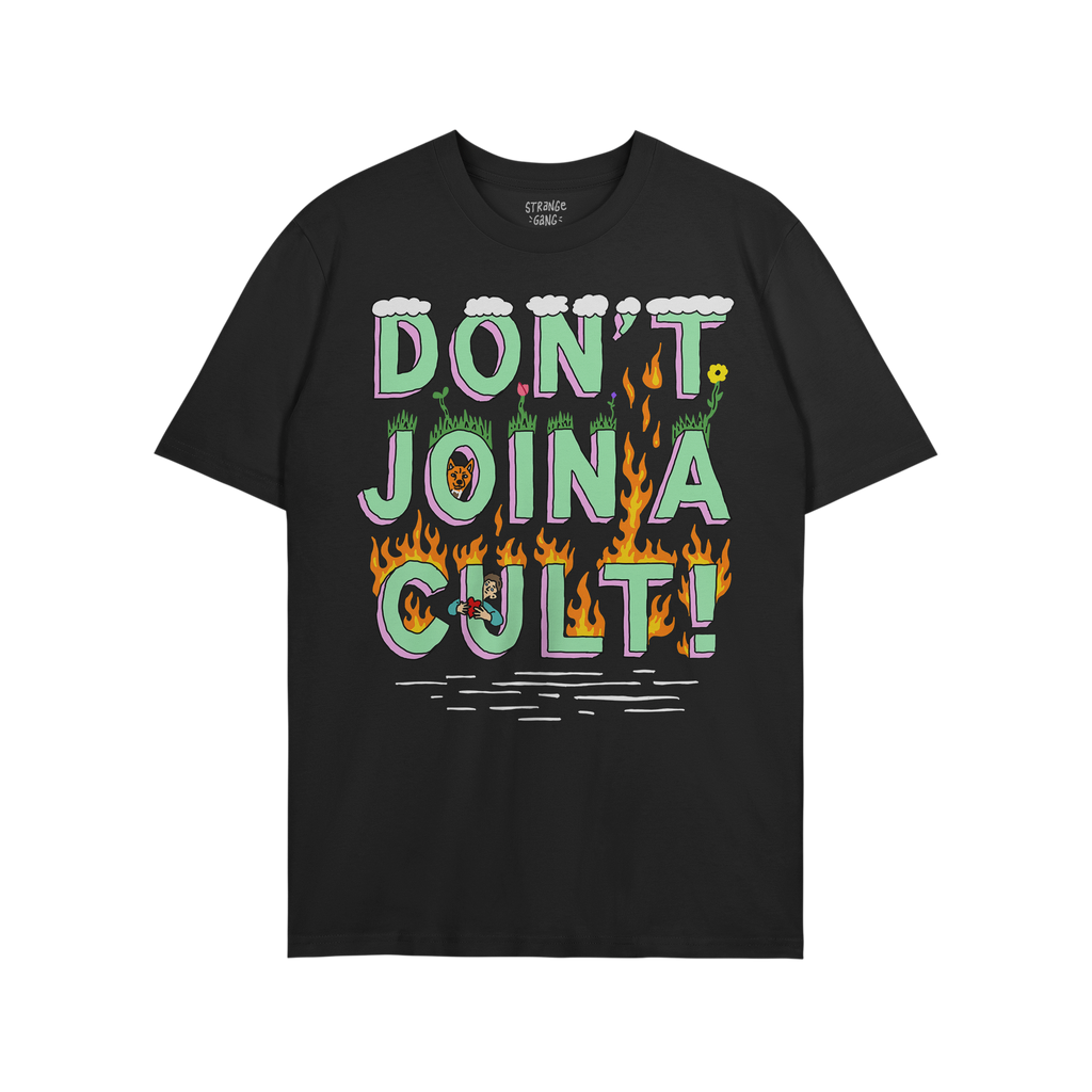 Don't Join A Cult Shirt featuring a colorful, whimsical graphic with playful elements like grass, flowers, flames, and cartoo