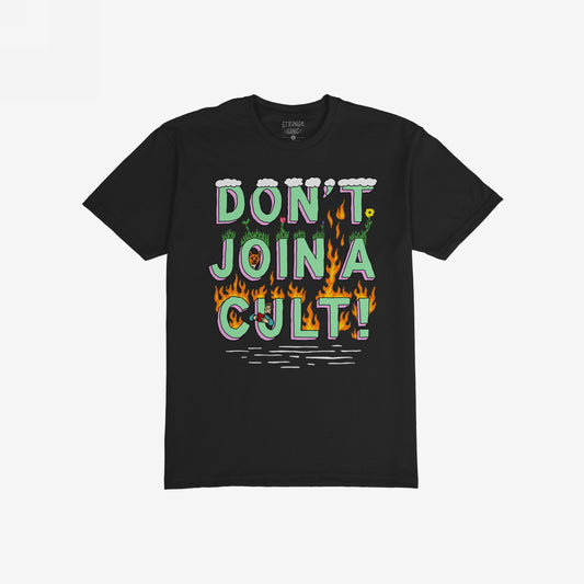 The Don't Join A Cult T-shirt features a bold, cartoon-style slogan with frost, grass, and flame elements, critiquing blind loyalty. Ideal for those questioning authority and embracing individuality.