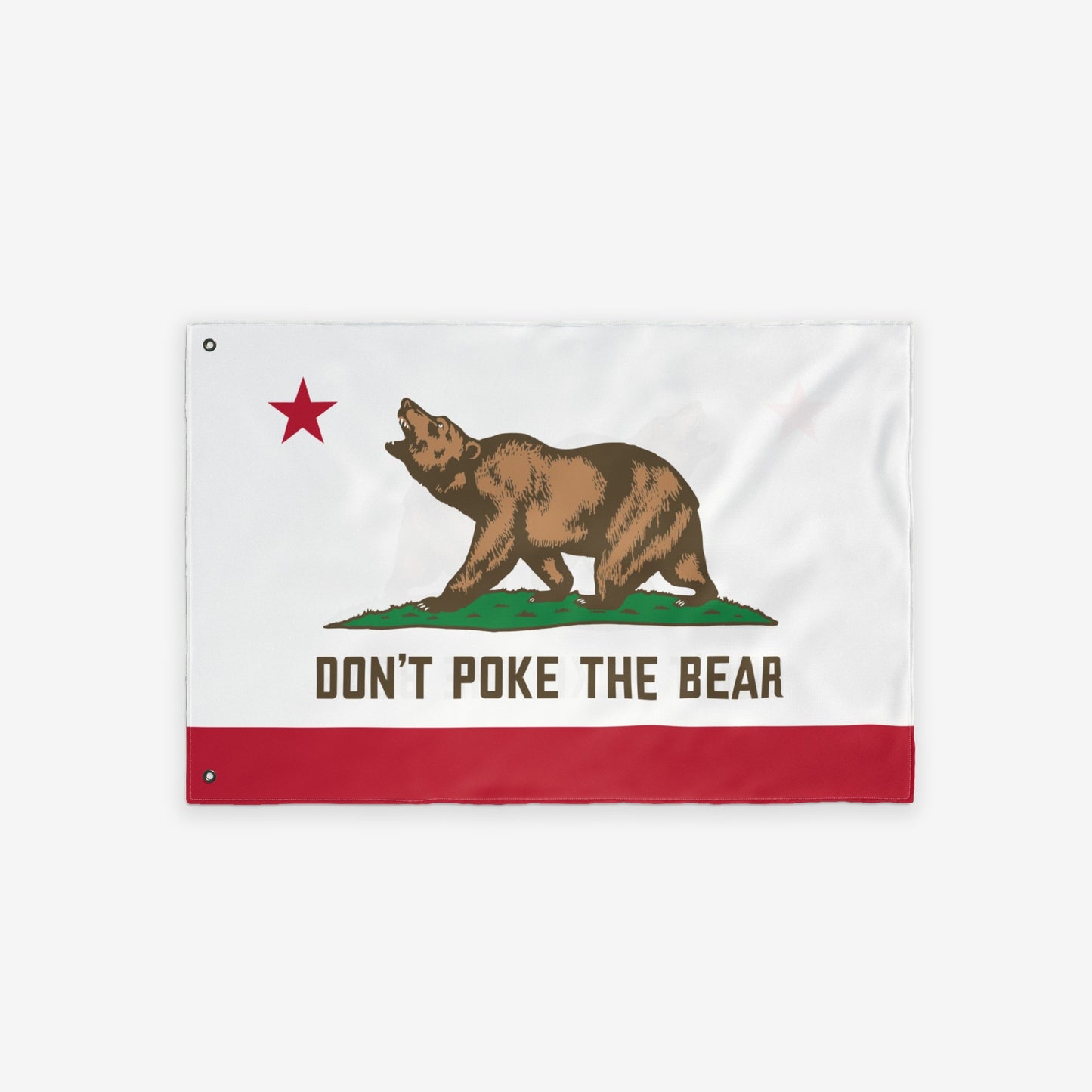 California Don't Poke The Bear Flag features a grizzly on green grass with a red star, bold text, and stripe, symbolizing defiance against authoritarianism. It's lightweight, double-sided, and weather-ready.