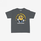 Downhill Women's Baby Tee featuring a retro-style graphic of a cheerful cartoon smiley-face with IT’S ALL DOWNHILL FROM HERE text, delivering a playful take on existential themes.
