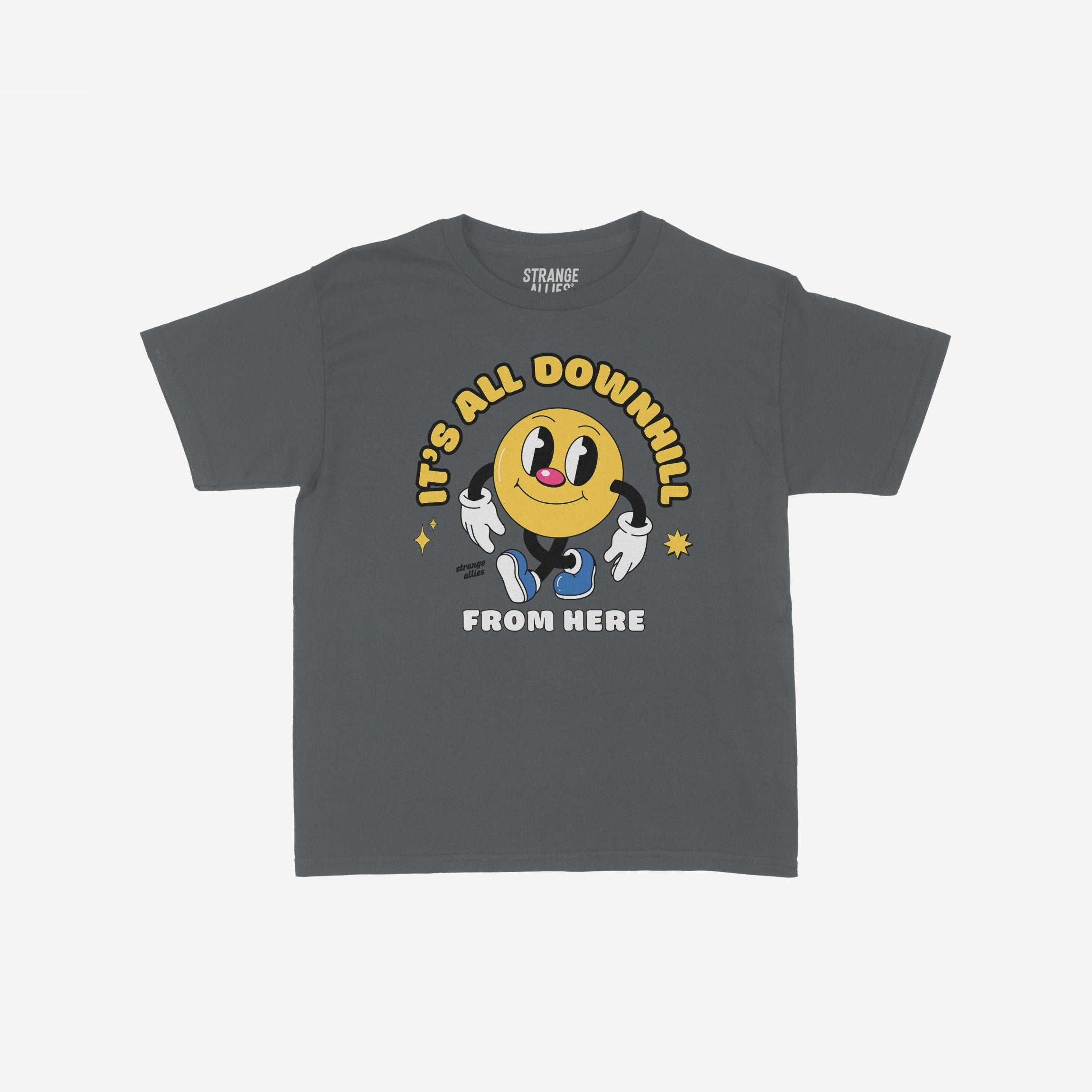 Downhill Women's Baby Tee featuring a retro-style graphic of a cheerful cartoon smiley-face with IT’S ALL DOWNHILL FROM HERE text, delivering a playful take on existential themes.